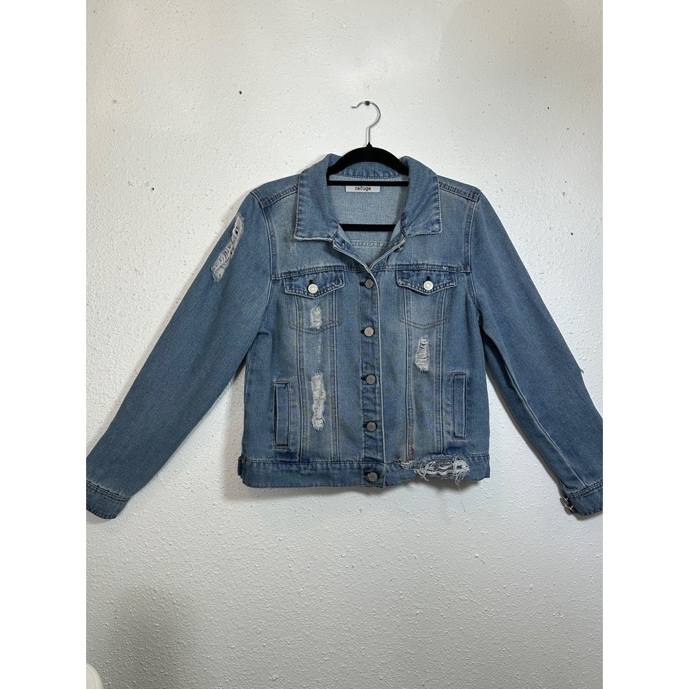 Refuge‎ Distressed Denim Jacket Womens Large Blue Cotton Blend Jean Trucker